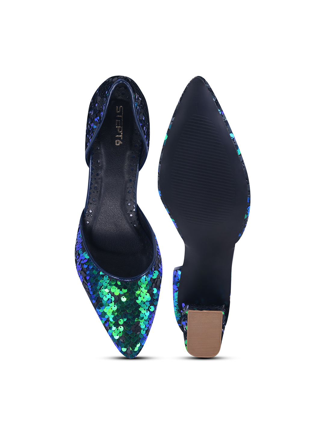 Shimmer Crush Blue-Green Sequin Block Heel Pumps