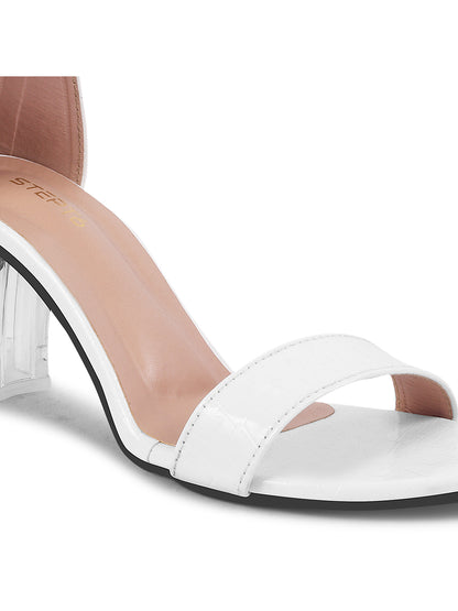 WHITE WITH CHAIN STRAP TRANSPARENT BLOCK HEEL