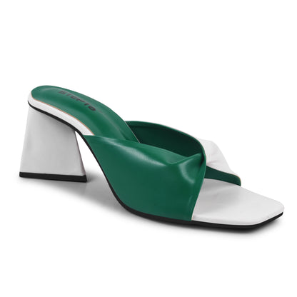 GREEN WHITE TWISTED PATTERN TRIANLGE HEEL