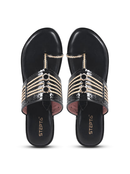 BLACK WOVEN GOLDE STRINGS KOHLAPURI WEDGES