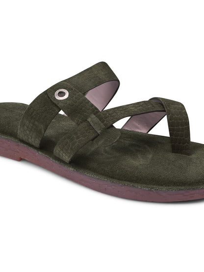 Olive Green Cross-Strap Slip-On Sandals for Women