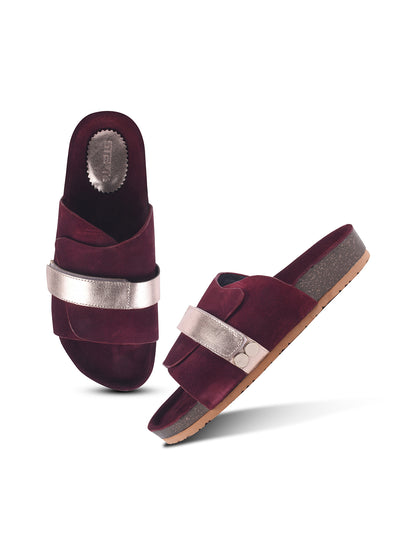 BLACK SUEDE SLIDES WITH FAUX LEATHER STRAP - PINK
