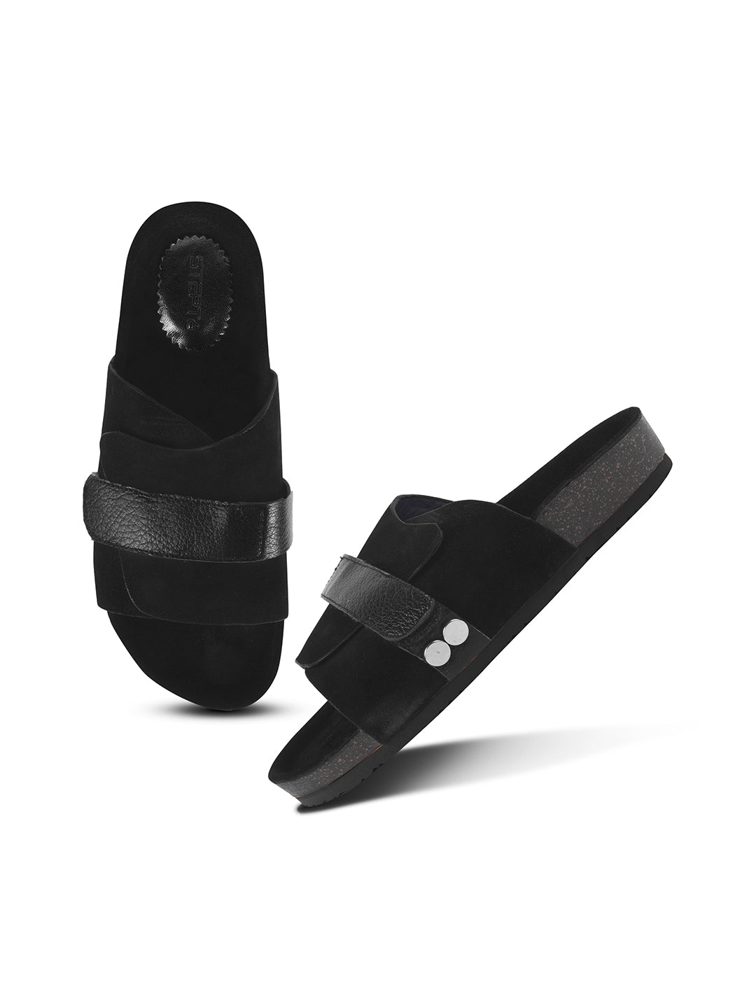 BLACK SUEDE SLIDES WITH LEATHER STRAP
