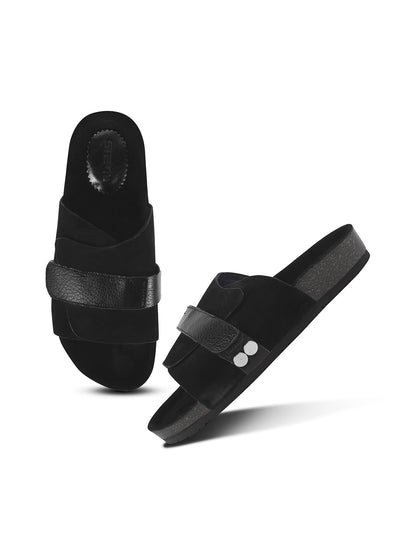 BLACK SUEDE SLIDES WITH LEATHER STRAP
