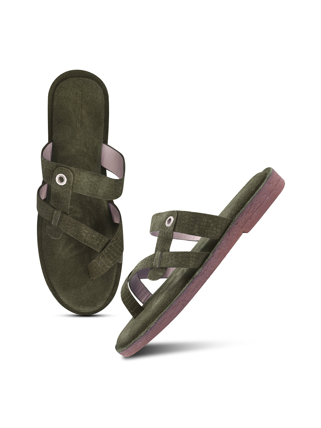 Olive Green Cross-Strap Slip-On Sandals for Women