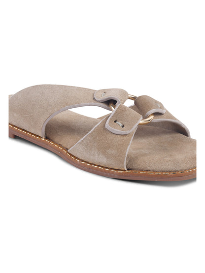 SUEDE SLIP-ON FLATS WITH METAL RING DETAIL - CREAM
