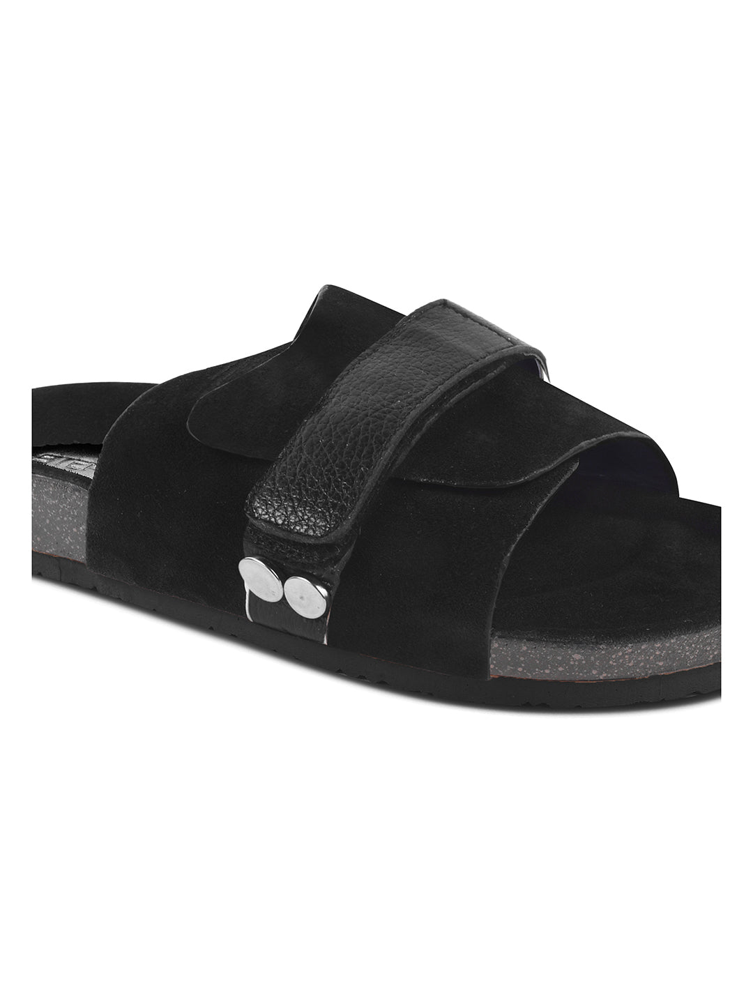 BLACK SUEDE SLIDES WITH LEATHER STRAP