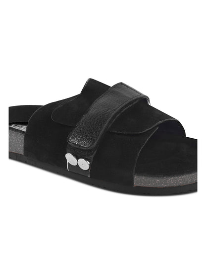 BLACK SUEDE SLIDES WITH LEATHER STRAP