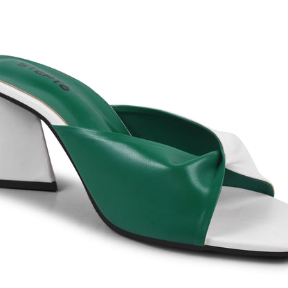 GREEN WHITE TWISTED PATTERN TRIANLGE HEEL