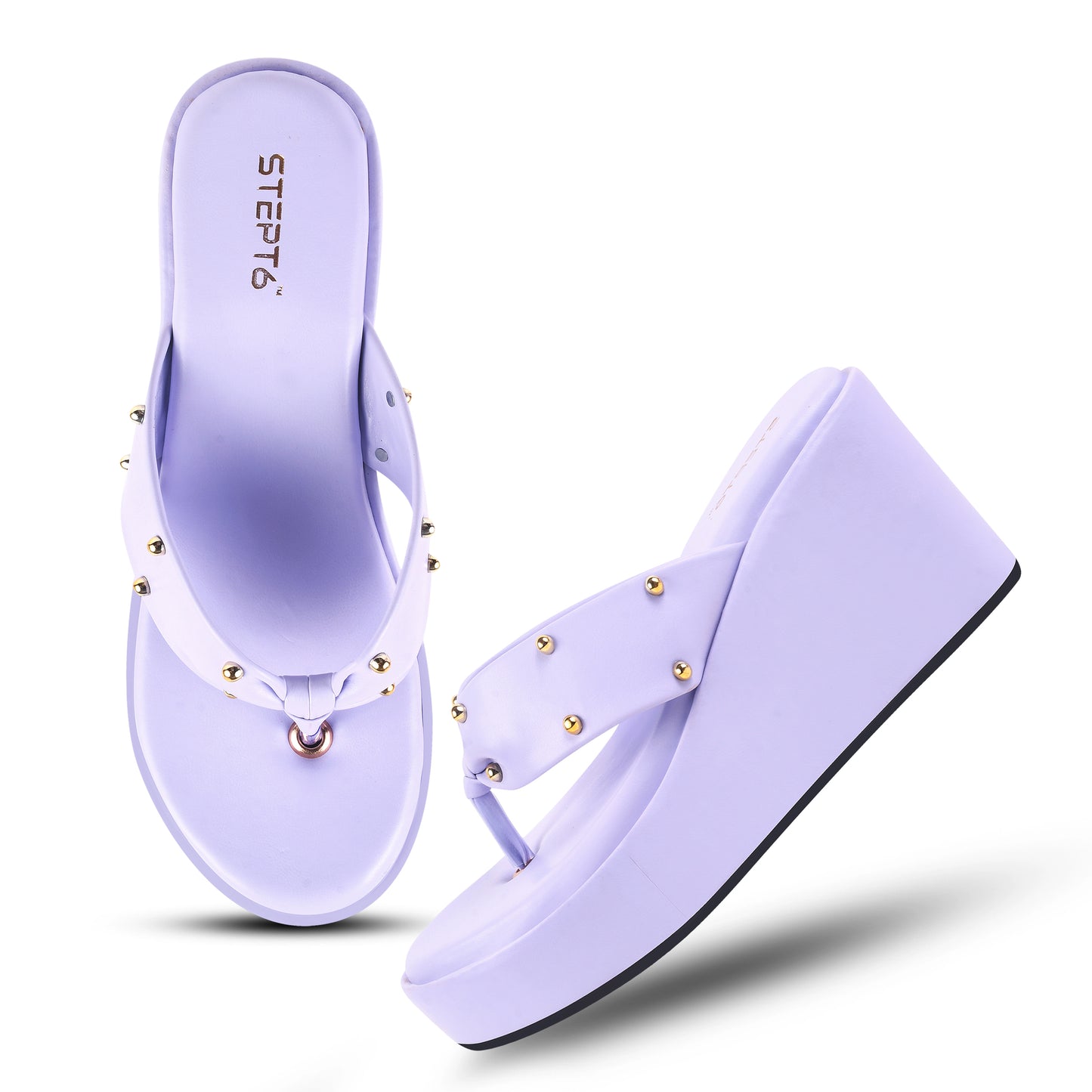 GOLD RIVET STRAP PURPLE WEDGES