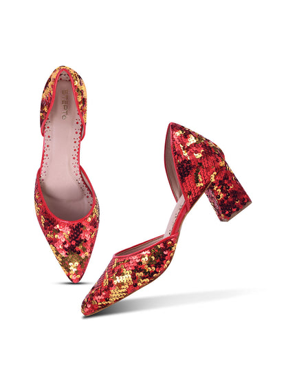 Festive Glow Red-Gold Sequin Heels for Women