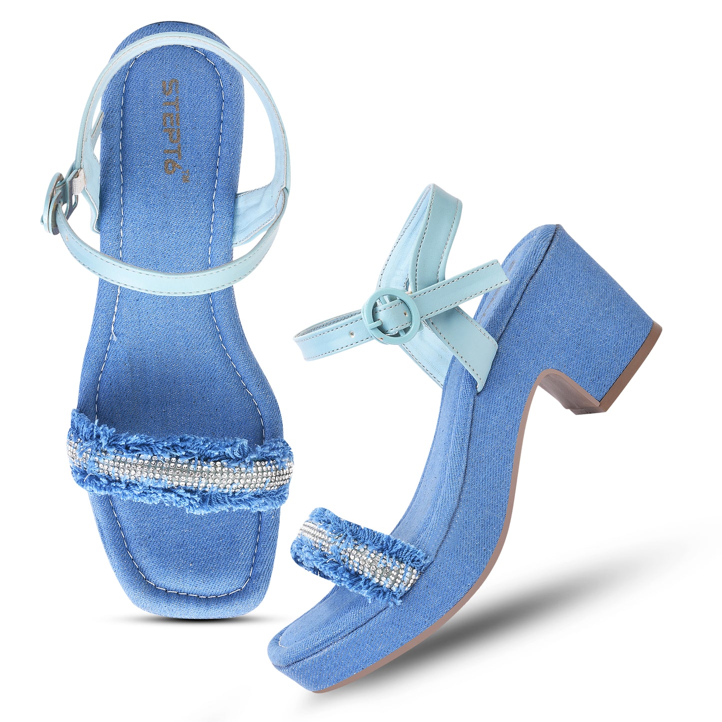 BLUE DENIM WITH DIAMOND STRAP WEDGES