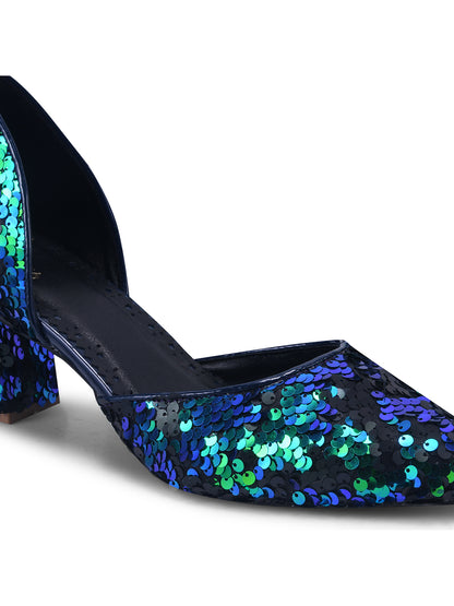 Shimmer Crush Blue-Green Sequin Block Heel Pumps