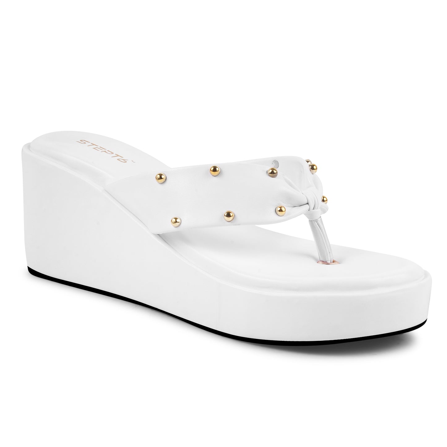 GOLD RIVET STRAP WHITE WEDGES