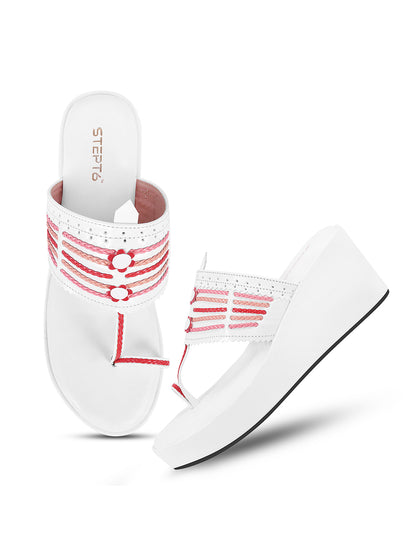 WHITE WOVEN RED STRINGS KOHLAPURI WEDGES