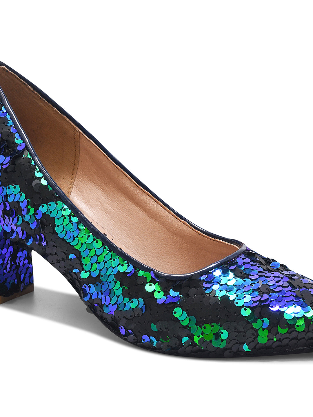 Aurora Noir Blue & Green Sequin Block Heel Pumps for Women