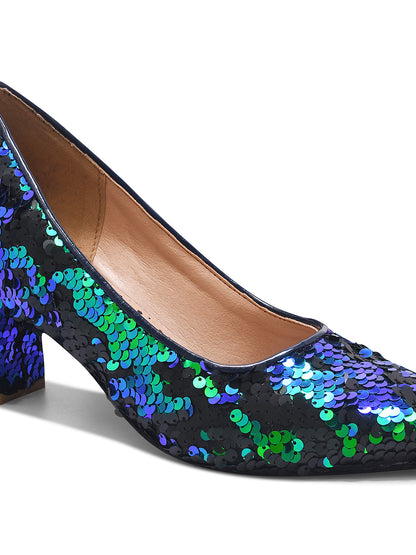 Aurora Noir Blue & Green Sequin Block Heel Pumps for Women