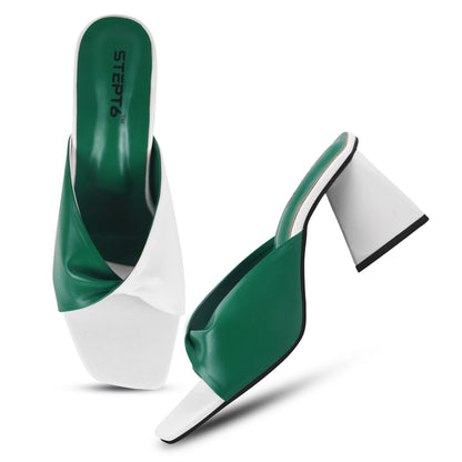 GREEN WHITE TWISTED PATTERN TRIANLGE HEEL