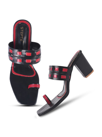 BLACK RED ZIG ZAG STRAP BLOCK HEEL