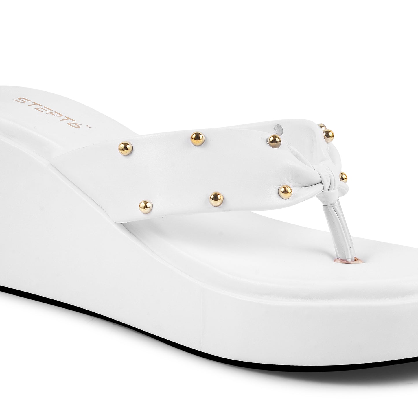 GOLD RIVET STRAP WHITE WEDGES