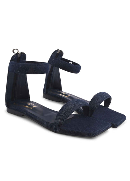 Ankle Strap Zip Back Flat Navy Blue