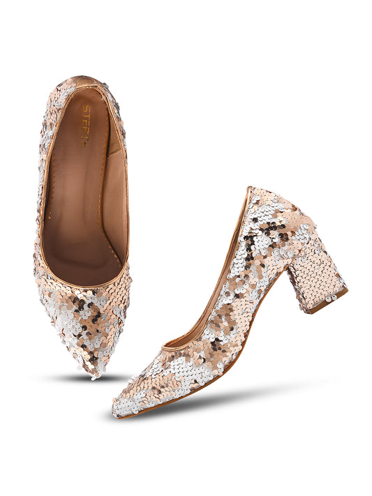White & Rose Gold Sequin Block Heel Pumps