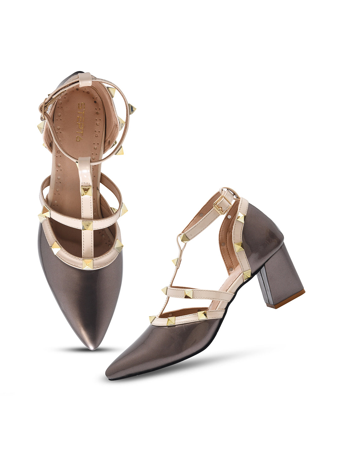 Metallic Grey Studded Strap Block Heel Pumps for Women