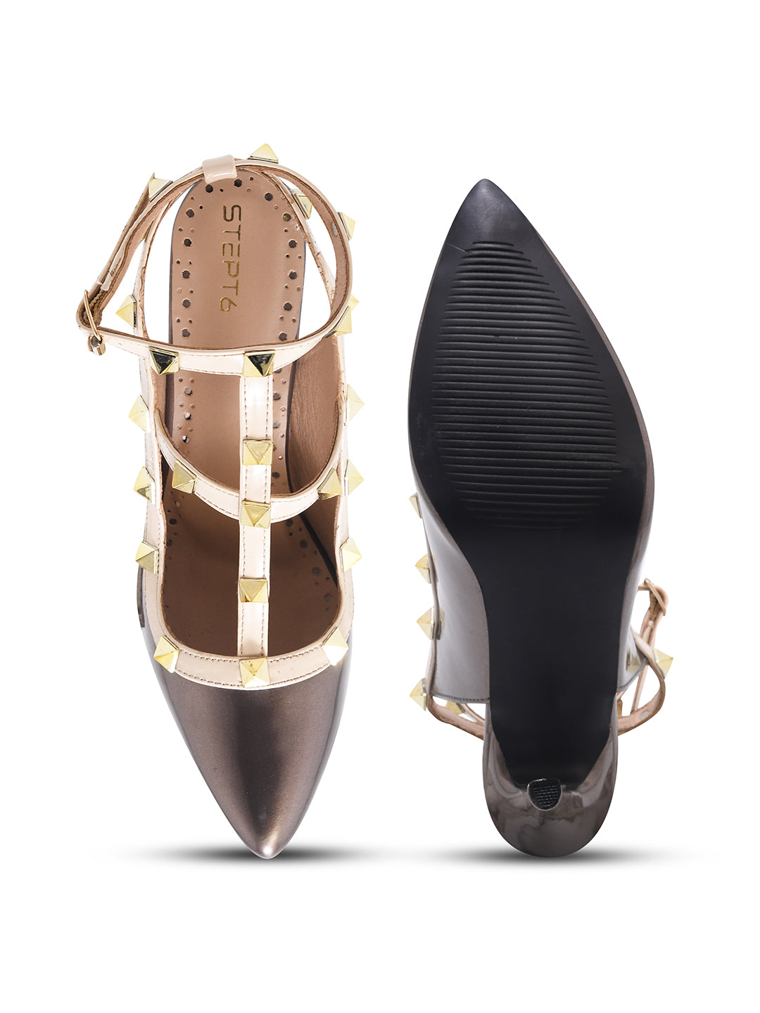 Grey Studded Ankle Strap Stiletto Heels for Women