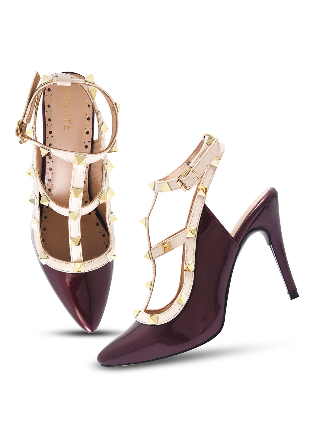 Wine Studded Ankle Strap Stiletto Heels for Women