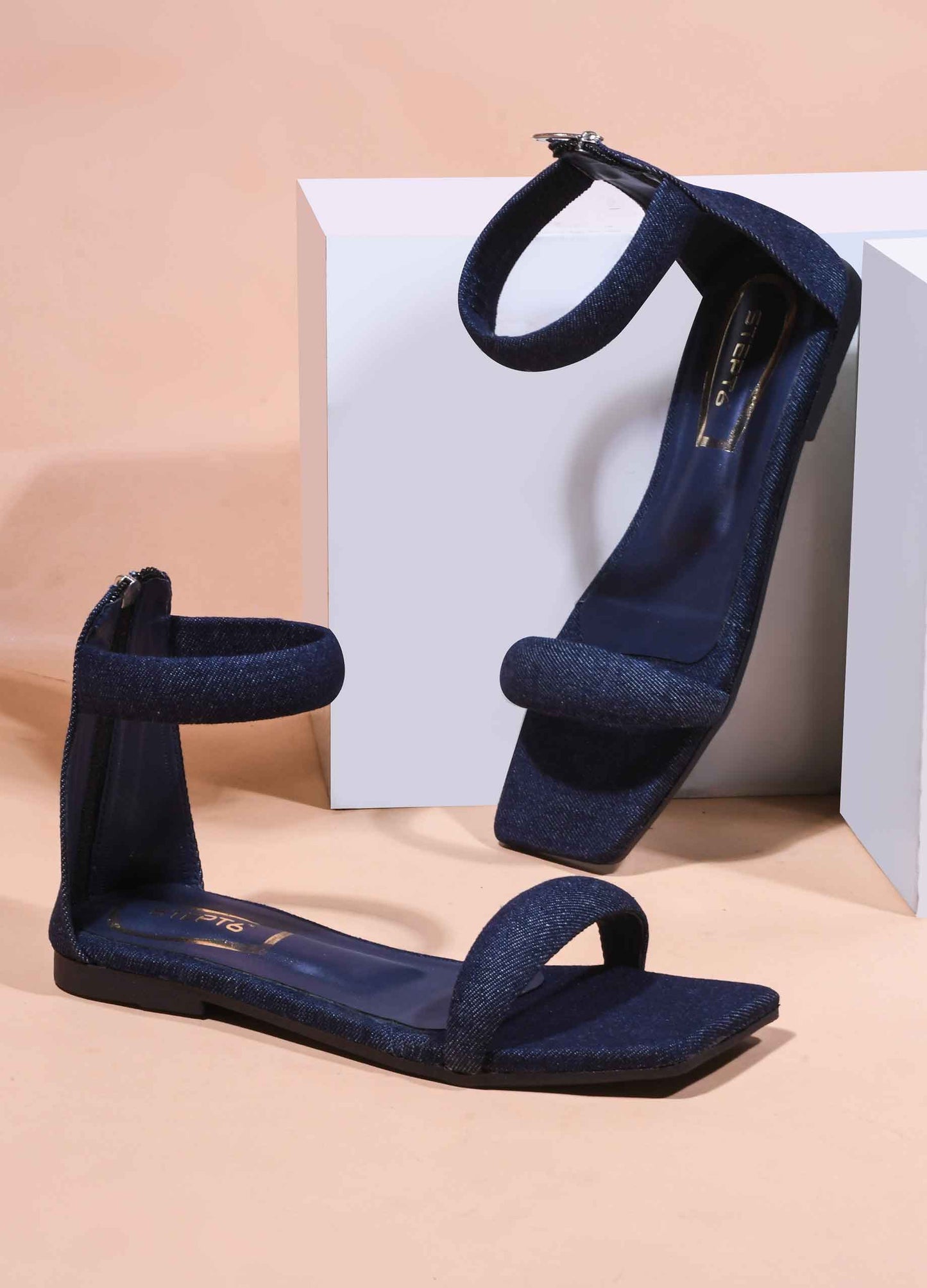 Ankle Strap Zip Back Flat Navy Blue