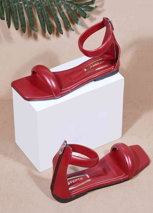 Ankle Strap Zip Back Flat Maroon