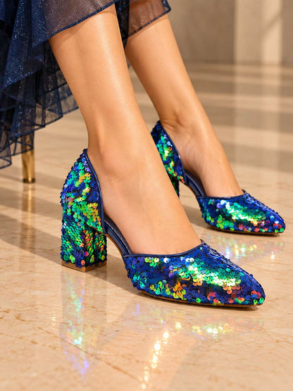 Noir Sequin Block Heels