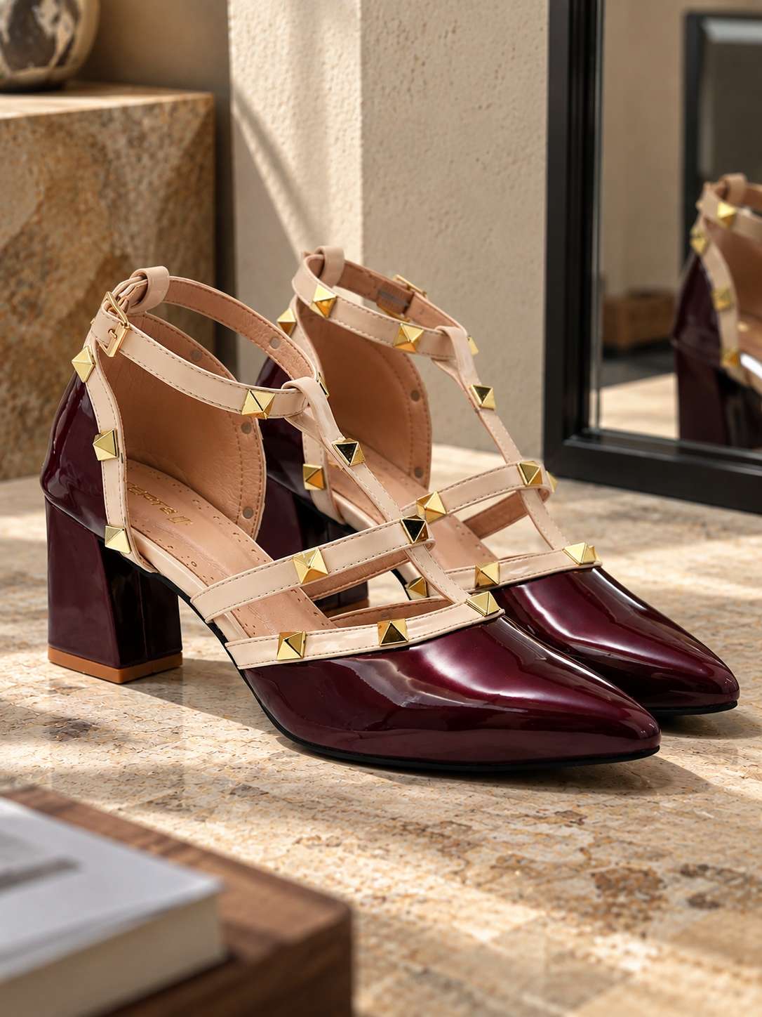 Rockstud Block Heels-Wine