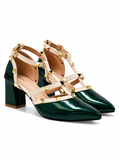 Rockstud Block Heels-Dark Green