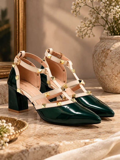 Rockstud Block Heels-Dark Green