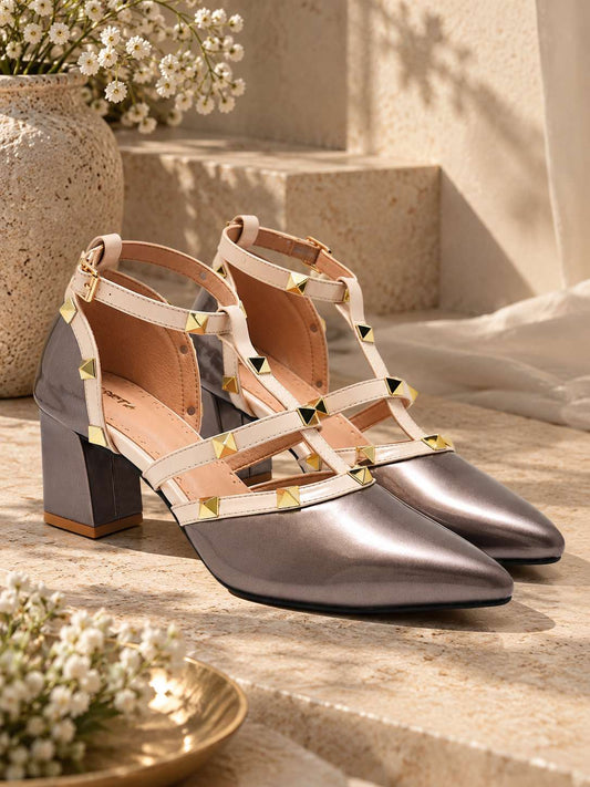 Rockstud Block Heel-Grey