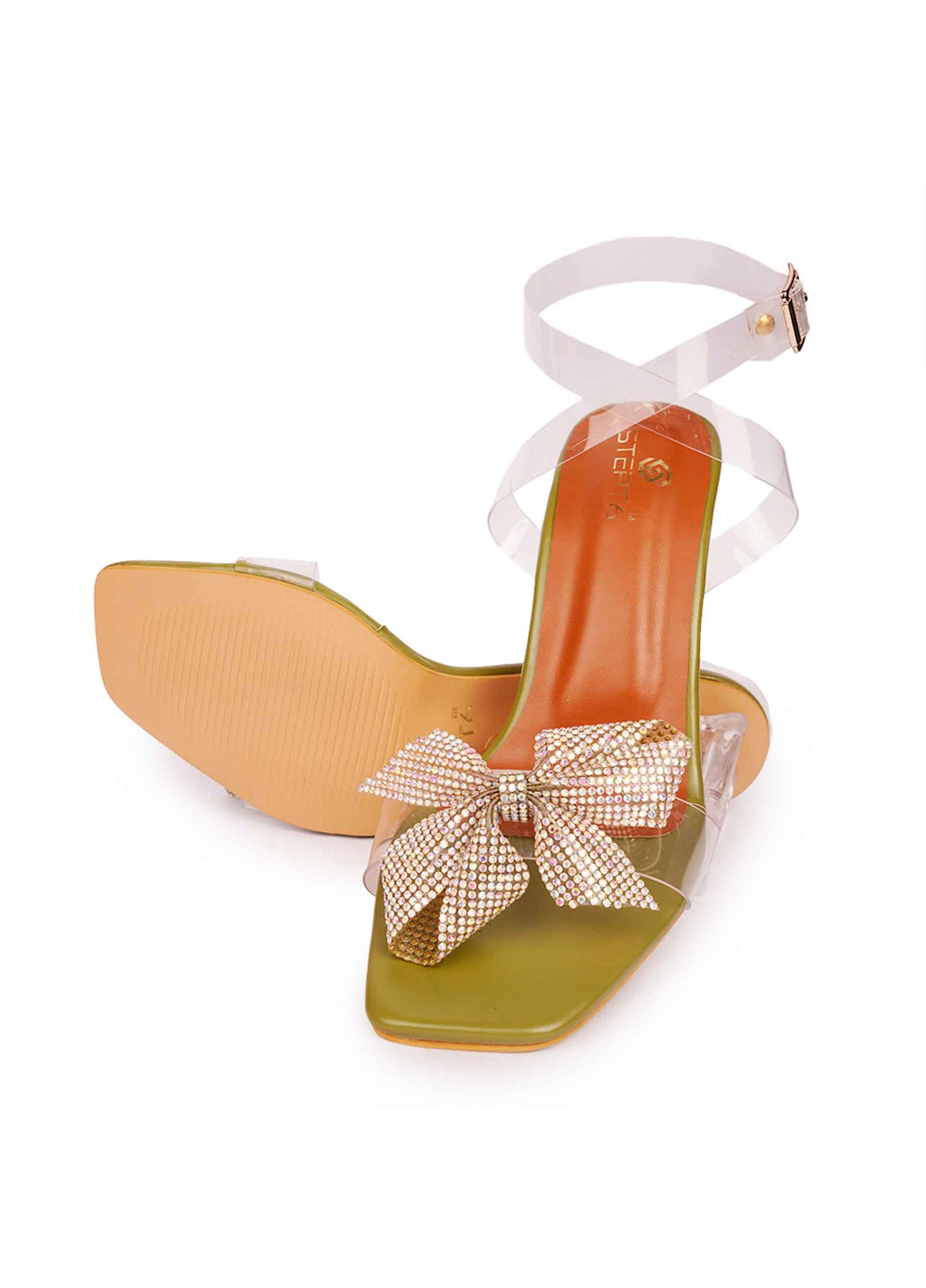 Bow Transparent Block Heel - Olive Green