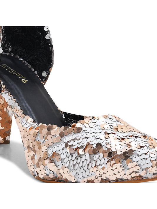 Peach-White Sequin Party Pumps