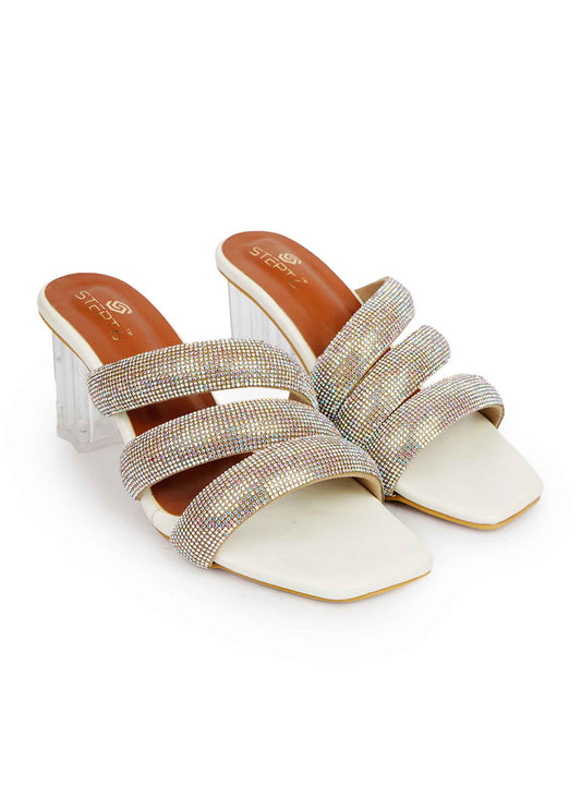 Dazzling Diamond Strap Block Heel - White