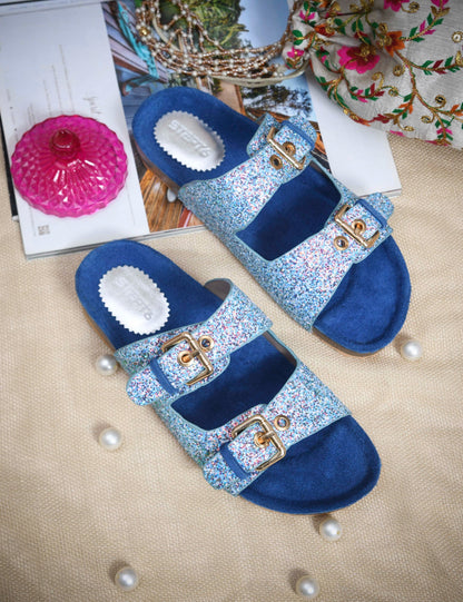 SPARKLE SUEDE COMFORT SLIDES FOR WOMEN - BLUE