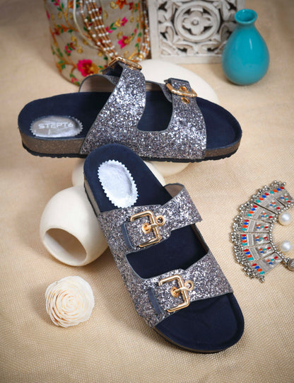 SPARKLE SUEDE COMFORT SLIDES FOR WOMEN - DARK GREY