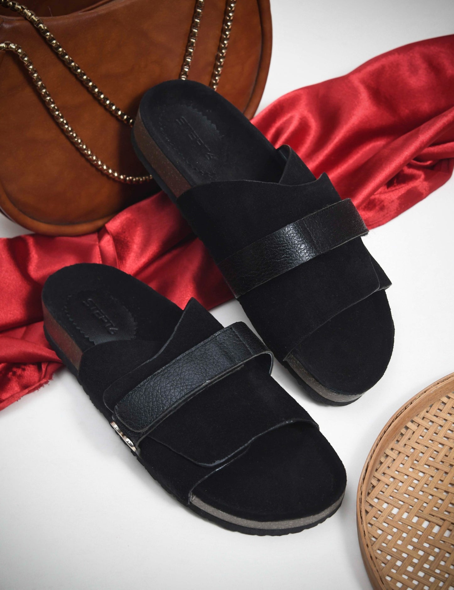 BLACK SUEDE SLIDES WITH LEATHER STRAP