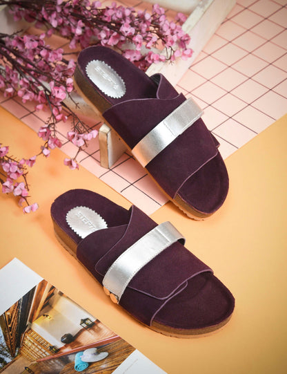 BLACK SUEDE SLIDES WITH FAUX LEATHER STRAP - MAROON