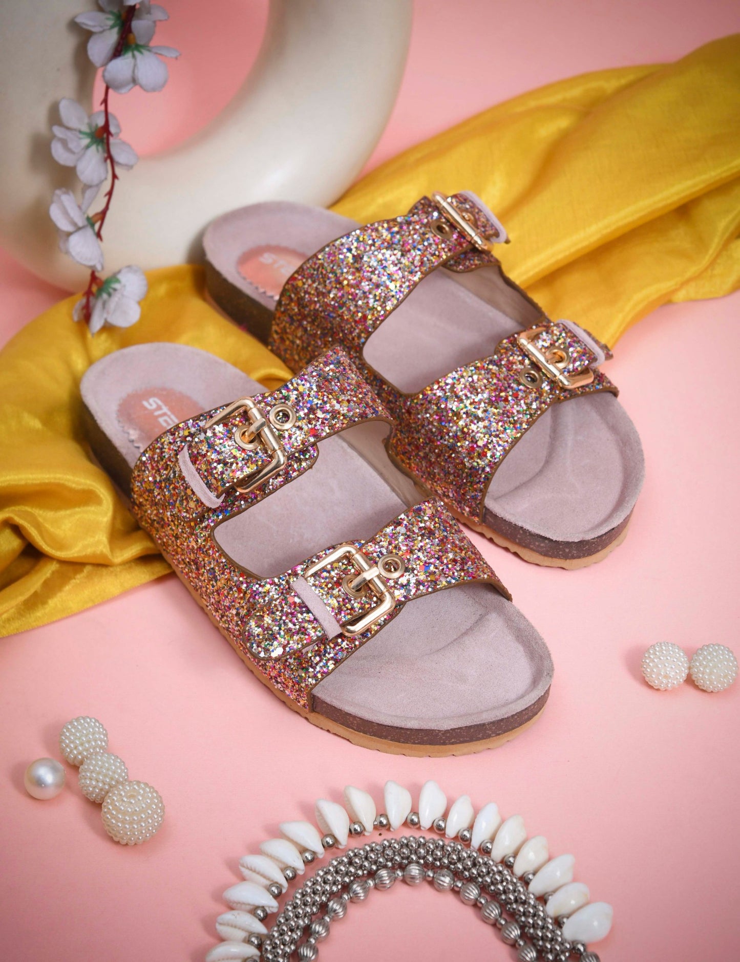 SPARKLE SUEDE COMFORT SLIDES FOR WOMEN - PINK