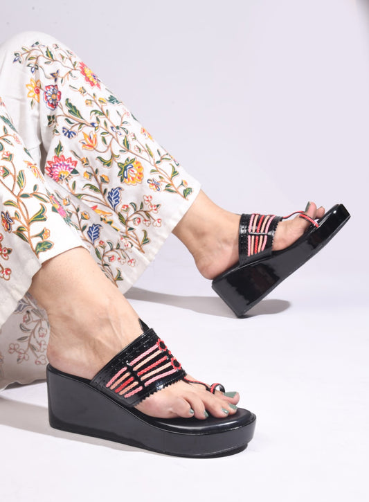 BLACK WOVEN MULTI COLOUR STRING KOHLAPURI WEDGES