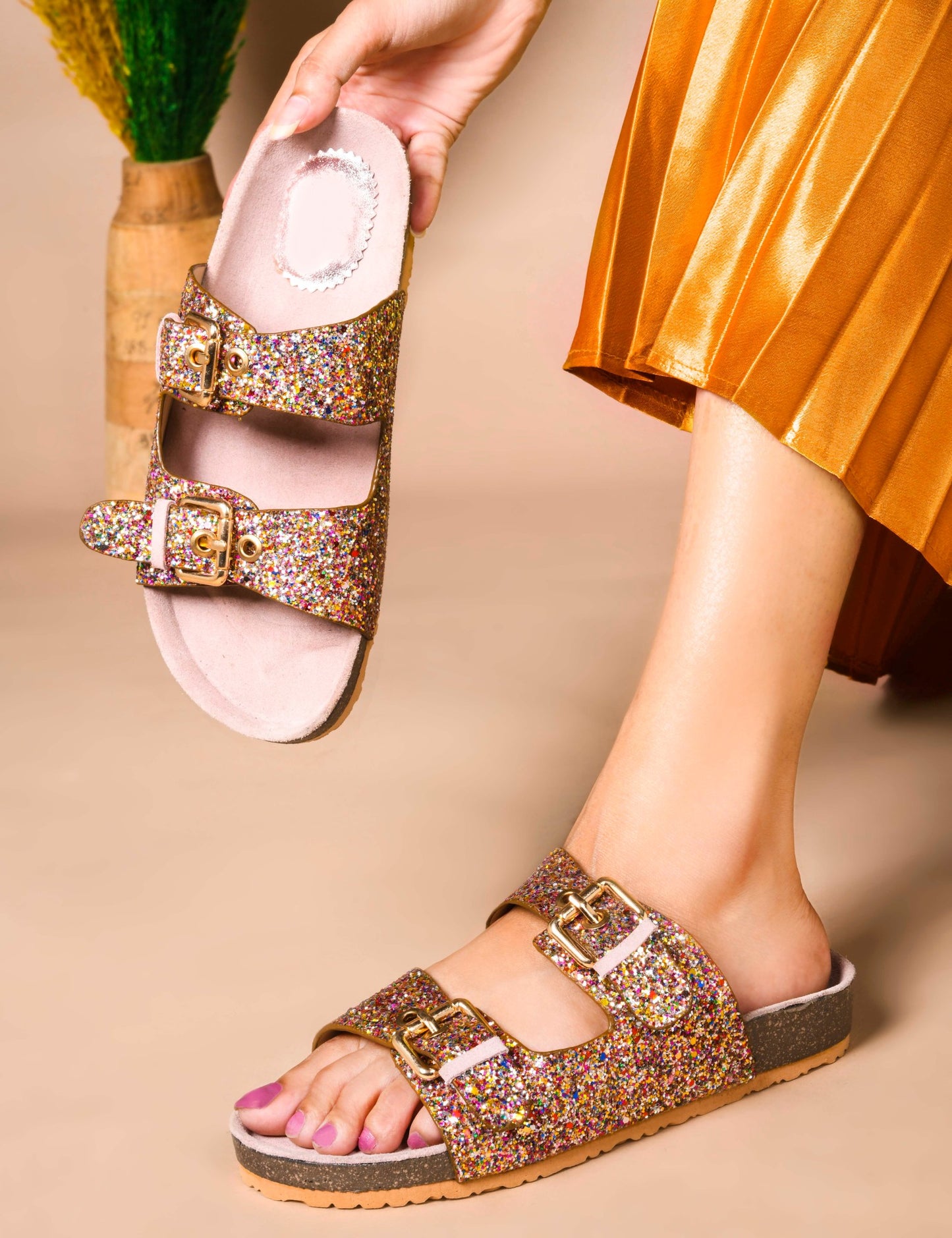 SPARKLE SUEDE COMFORT SLIDES FOR WOMEN - PINK