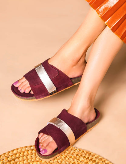 BLACK SUEDE SLIDES WITH FAUX LEATHER STRAP - PINK