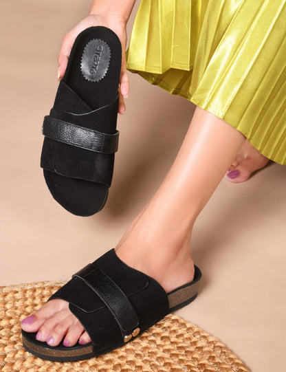 BLACK SUEDE SLIDES WITH LEATHER STRAP