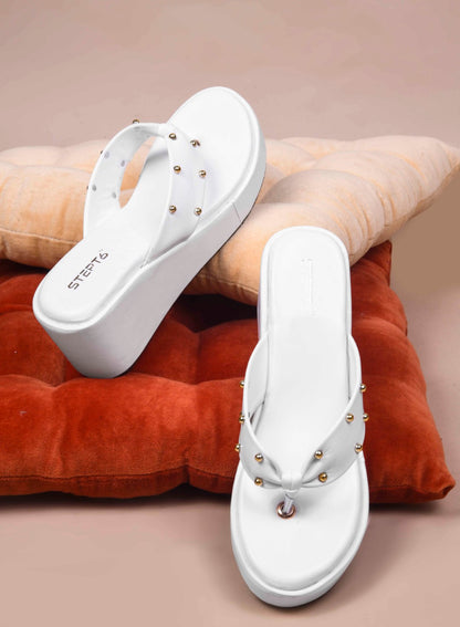 GOLD RIVET STRAP WHITE WEDGES