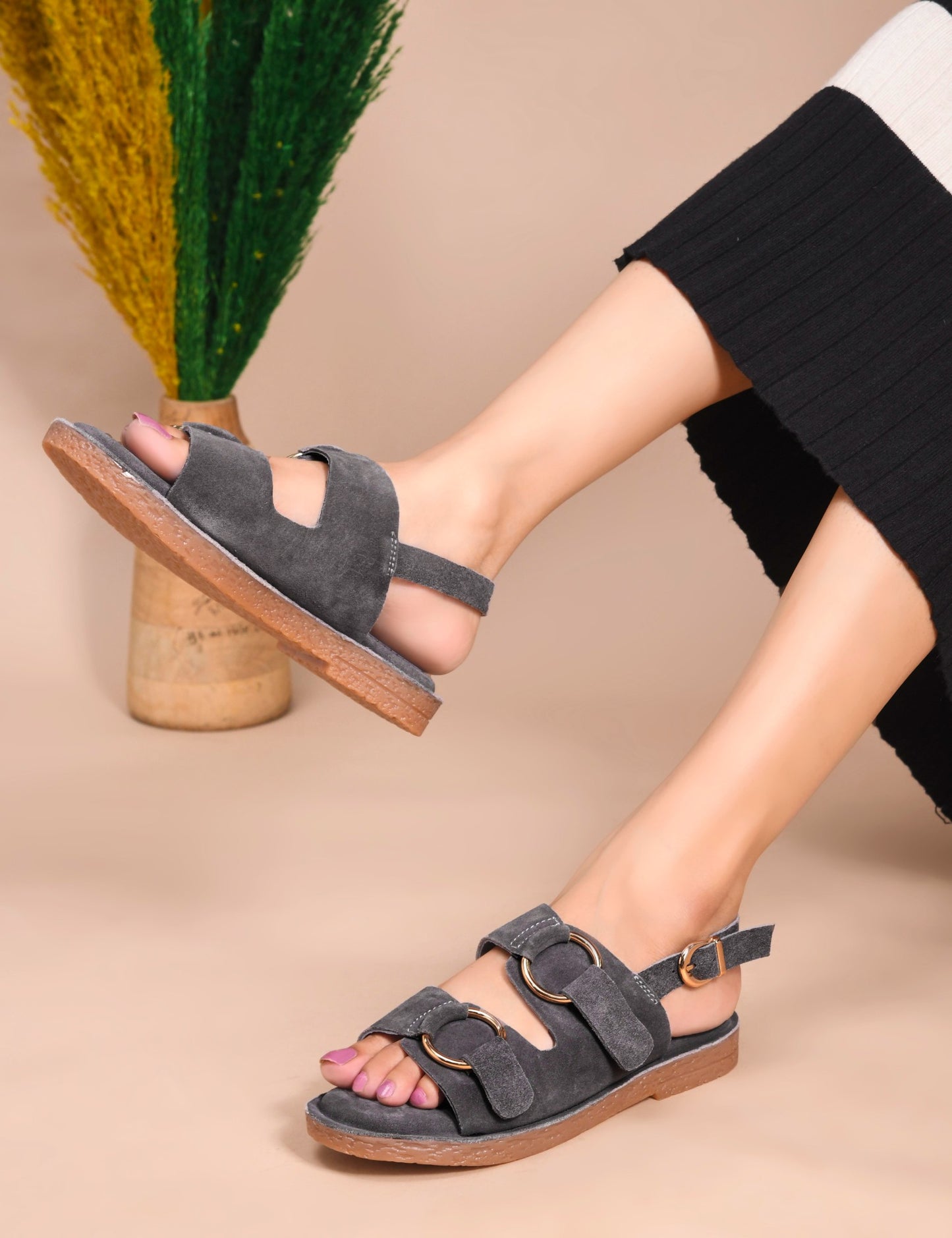 SUEDE DOUBLE BUCKLE SANDALS FOR WOMEN – DARKGREEN